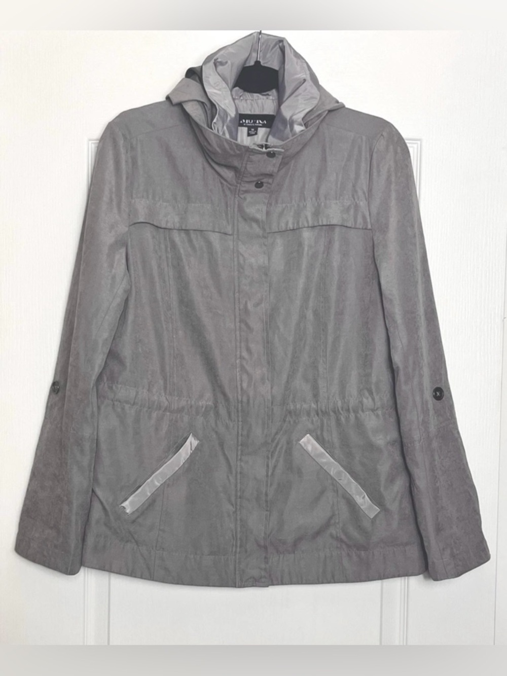 Mo-Ka Santa Fe Lightweight Jacket Size M Gray Drawstring Waist Detachable Hood